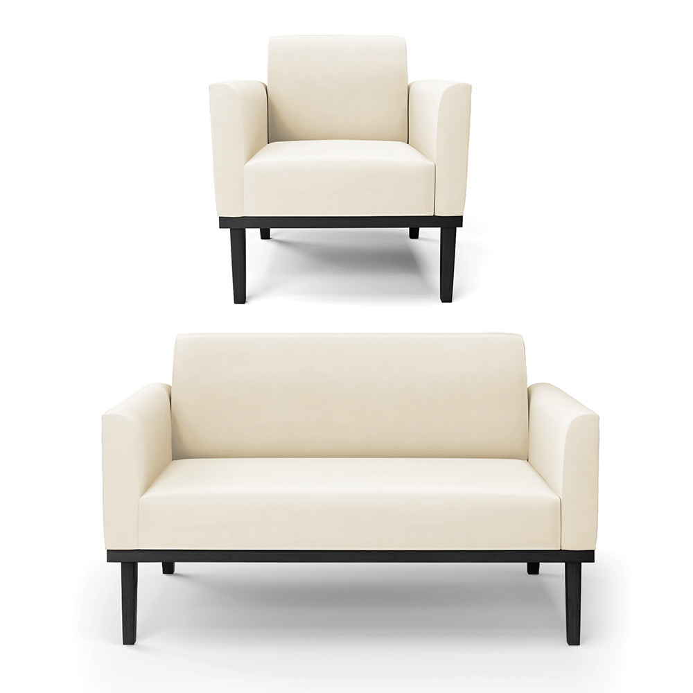 Conjunto Poltrona e Namoradeira Decorativa Isabella Pés Fixo em Madeira Preto Veludo Bege G19 - Gran Belo