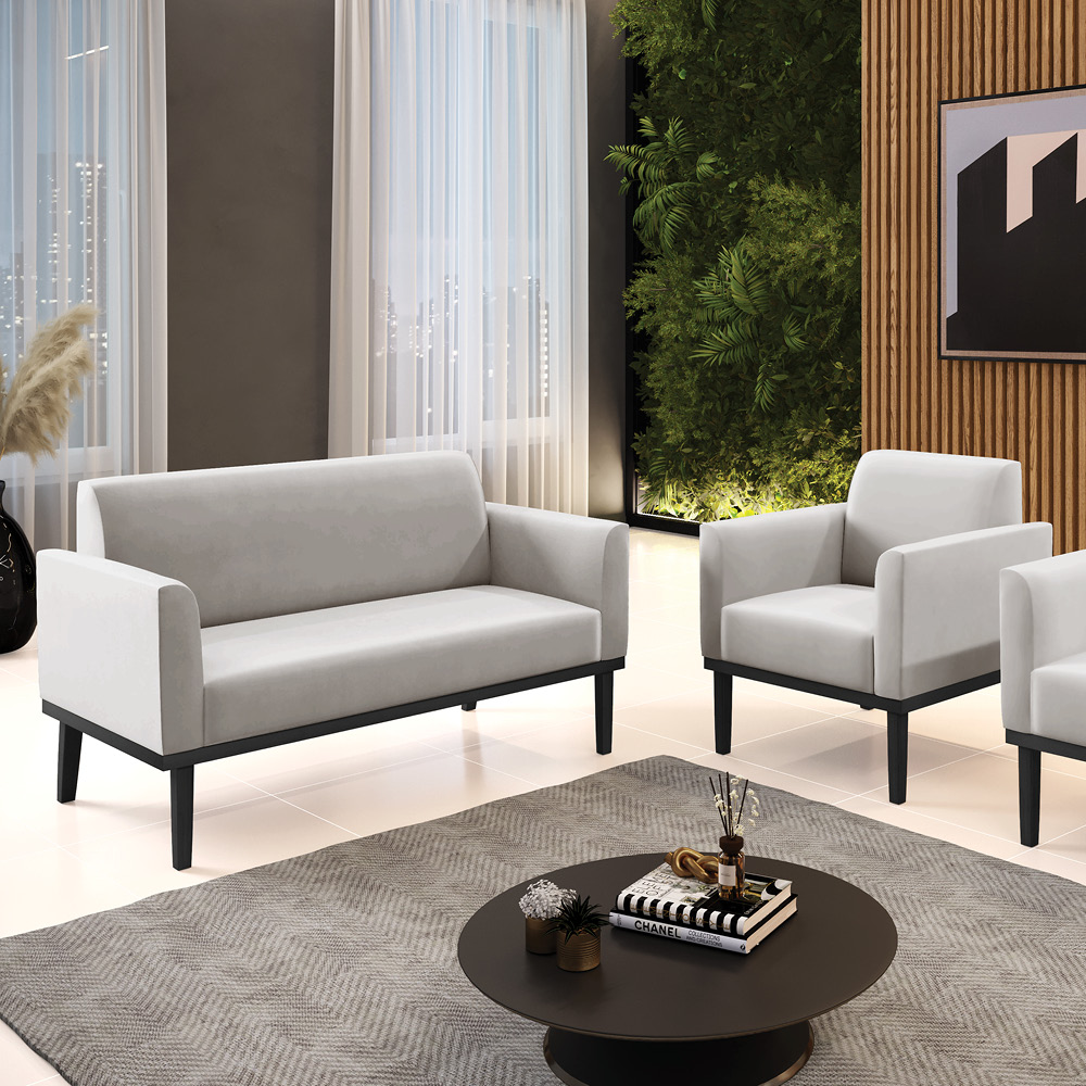 Conjunto Poltrona e Namoradeira Decorativa Isabella Pés Fixo em Madeira Preto Veludo Cinza G19 - Gran Belo