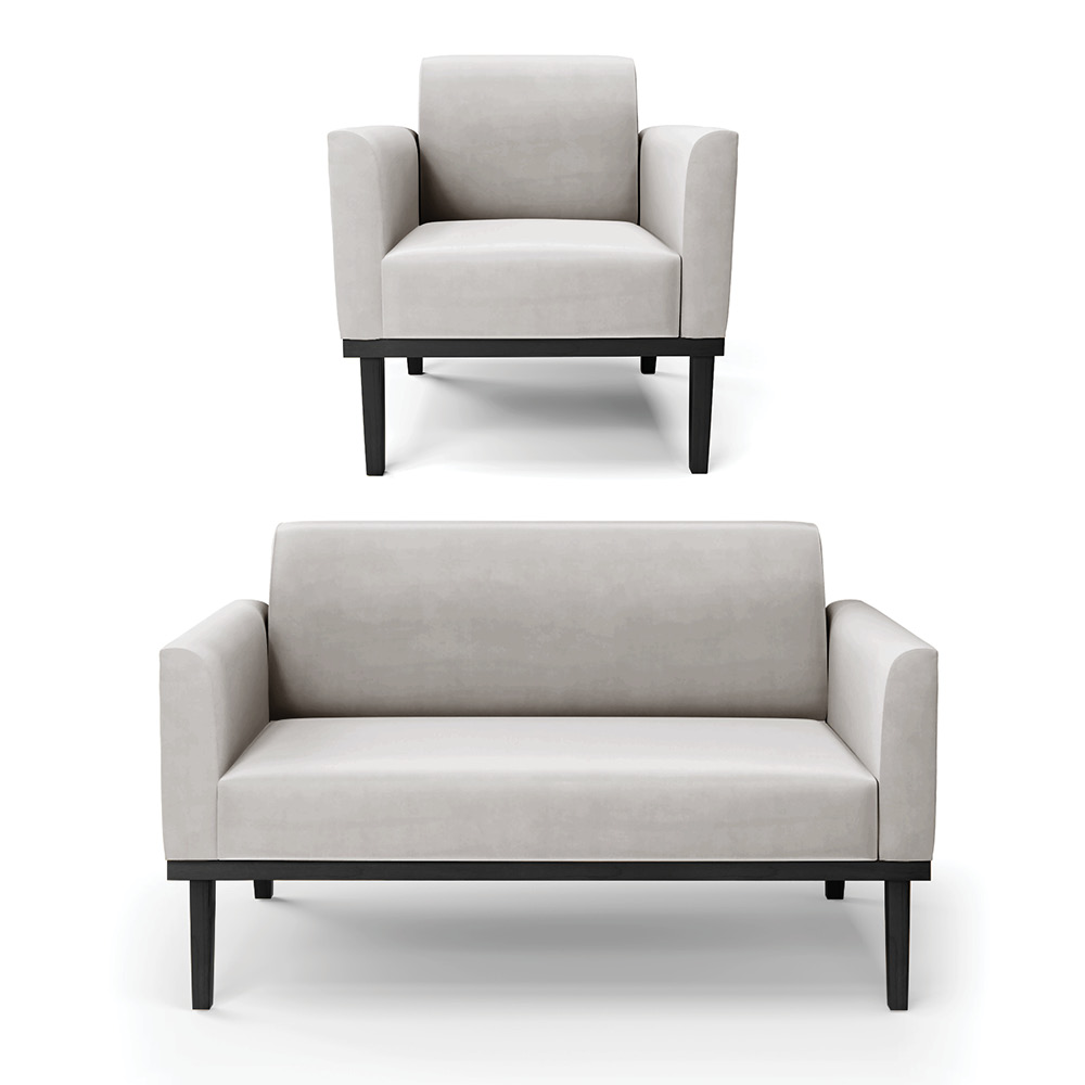 Conjunto Poltrona e Namoradeira Decorativa Isabella Pés Fixo em Madeira Preto Veludo Cinza G19 - Gran Belo