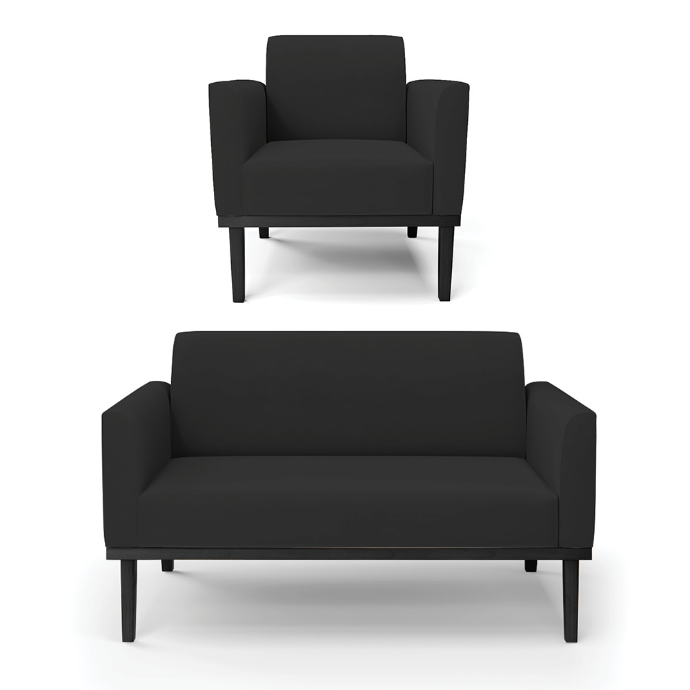 Conjunto Poltrona e Namoradeira Decorativa Isabella Pés Fixo em Madeira Preto Veludo Preto G19 - Gran Belo