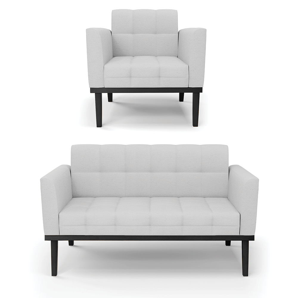 Conjunto Poltrona e Namoradeira Decorativa Karen Pés Fixo em Madeira Preto Linho Cinza G19 - Gran Belo