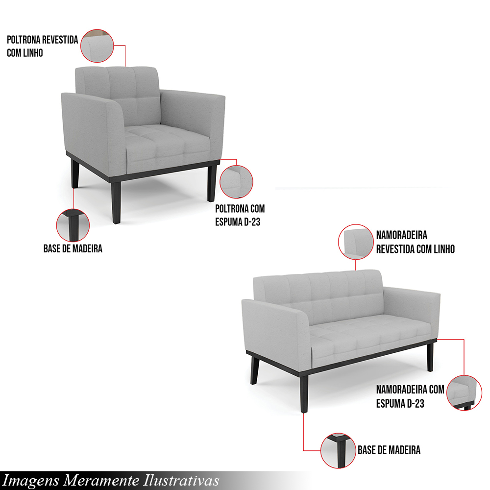 Conjunto Poltrona e Namoradeira Decorativa Karen Pés Fixo em Madeira Preto Linho Cinza G19 - Gran Belo