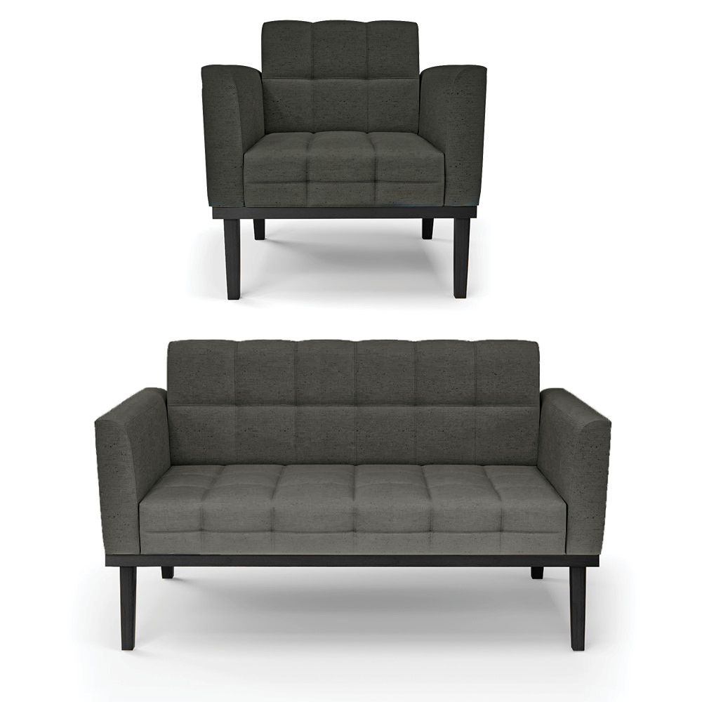 Conjunto Poltrona e Namoradeira Decorativa Karen Pés Fixo em Madeira Preto Linho Cinza Mesclado G19 - Gran Belo