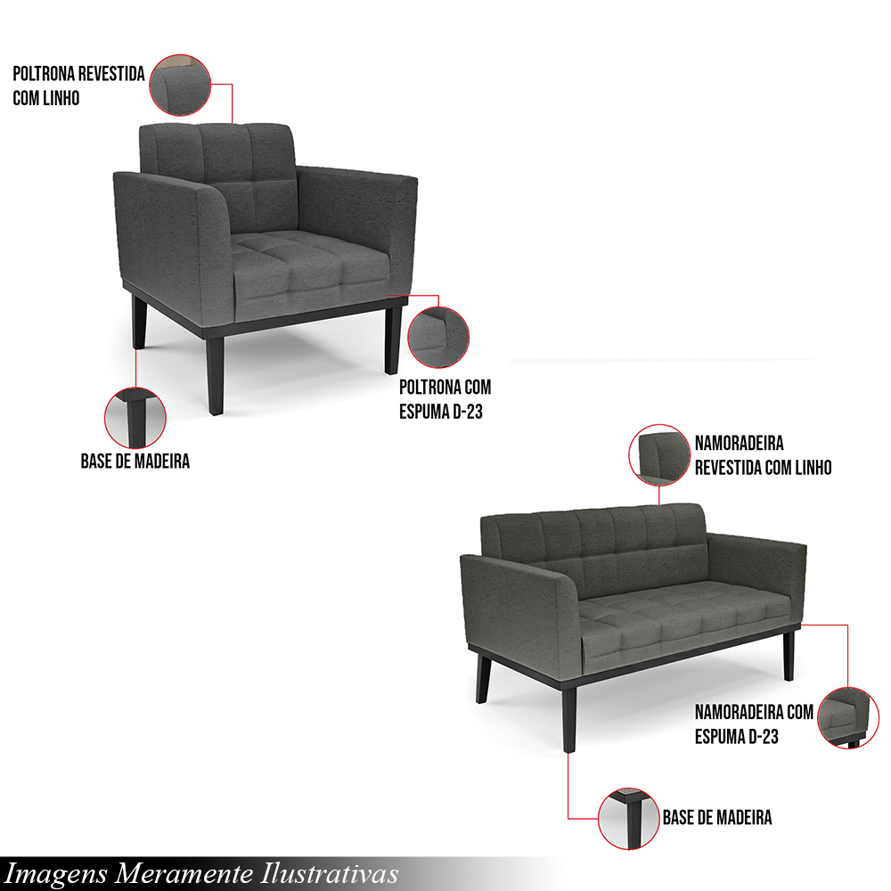 Conjunto Poltrona e Namoradeira Decorativa Karen Pés Fixo em Madeira Preto Linho Cinza Mesclado G19 - Gran Belo