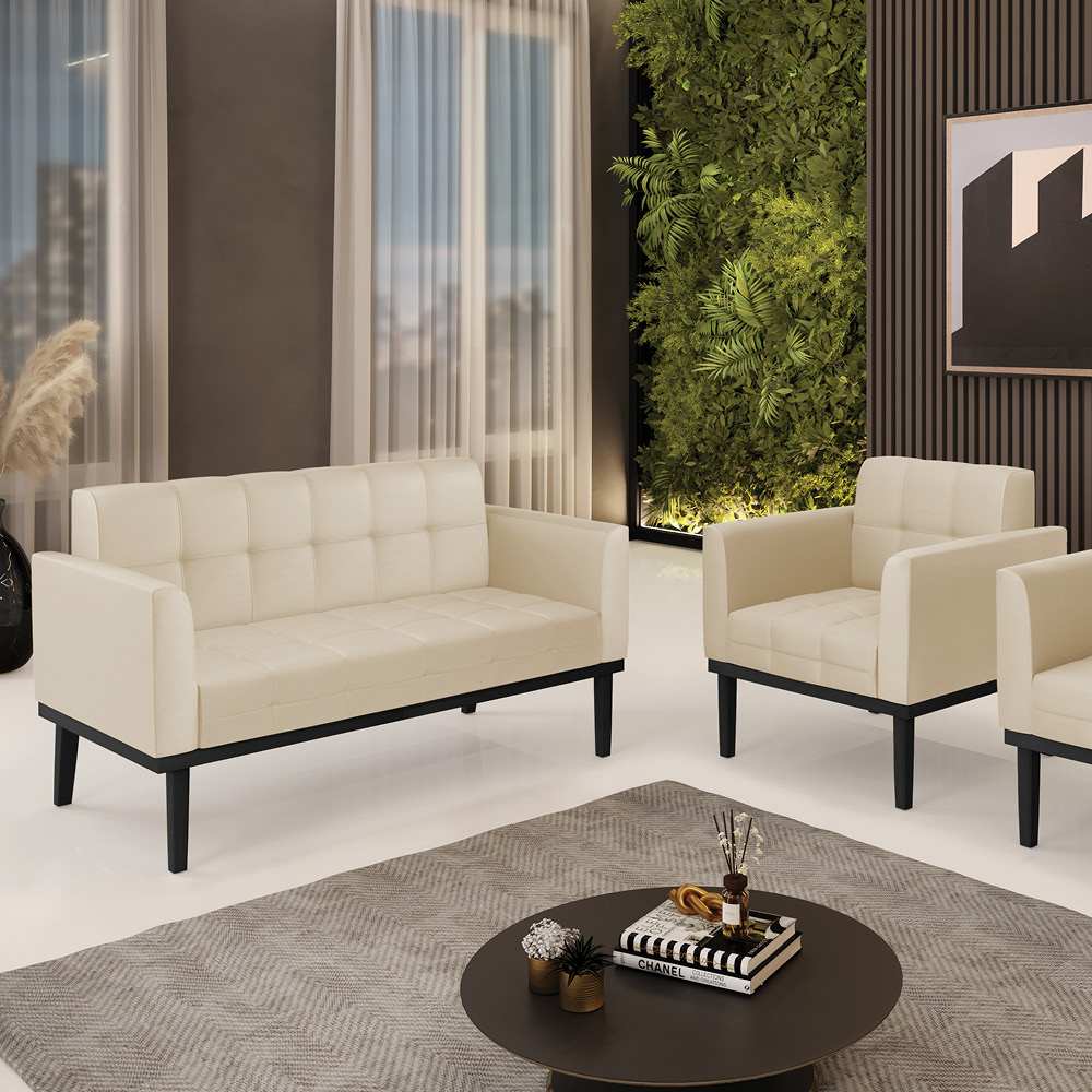Conjunto Poltrona e Namoradeira Decorativa Karen Pés Fixo em Madeira Preto PU Bege G19 - Gran Belo