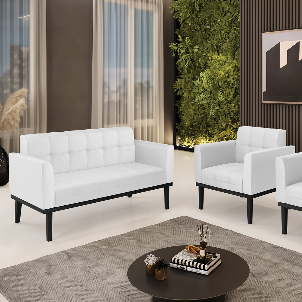 Conjunto Poltrona e Namoradeira Decorativa Karen Pés Fixo em Madeira Preto PU Branco G19 - Gran Belo