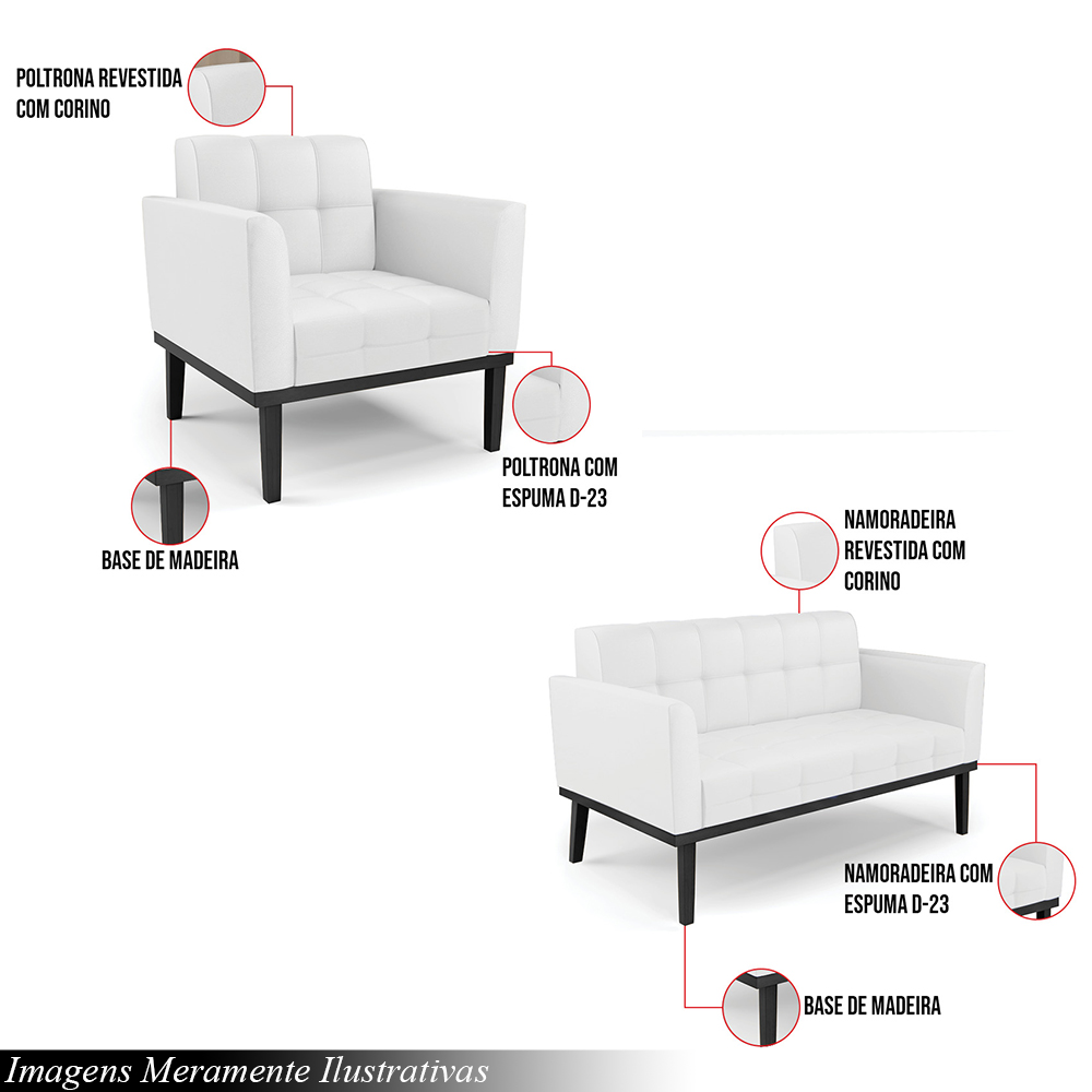 Conjunto Poltrona e Namoradeira Decorativa Karen Pés Fixo em Madeira Preto PU Branco G19 - Gran Belo