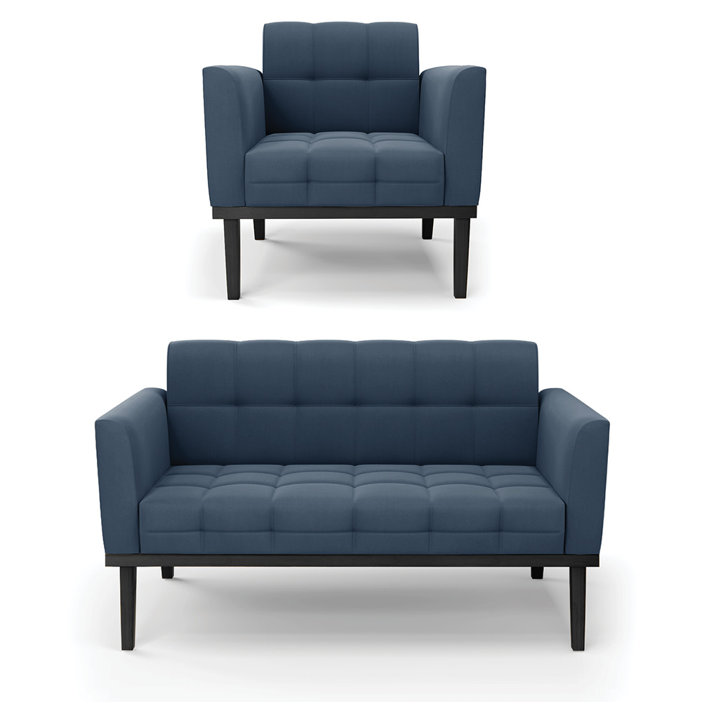 Conjunto Poltrona e Namoradeira Decorativa Karen Pés Fixo em Madeira Preto Suede Azul Marinho G19 - Gran Belo