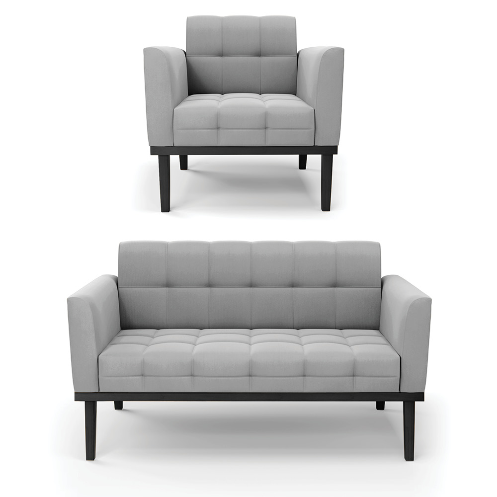 Conjunto Poltrona e Namoradeira Decorativa Karen Pés Fixo em Madeira Preto Suede Cinza G19 - Gran Belo