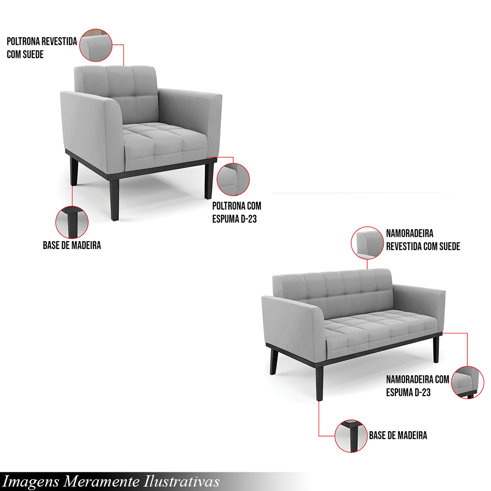 Conjunto Poltrona e Namoradeira Decorativa Karen Pés Fixo em Madeira Preto Suede Cinza G19 - Gran Belo