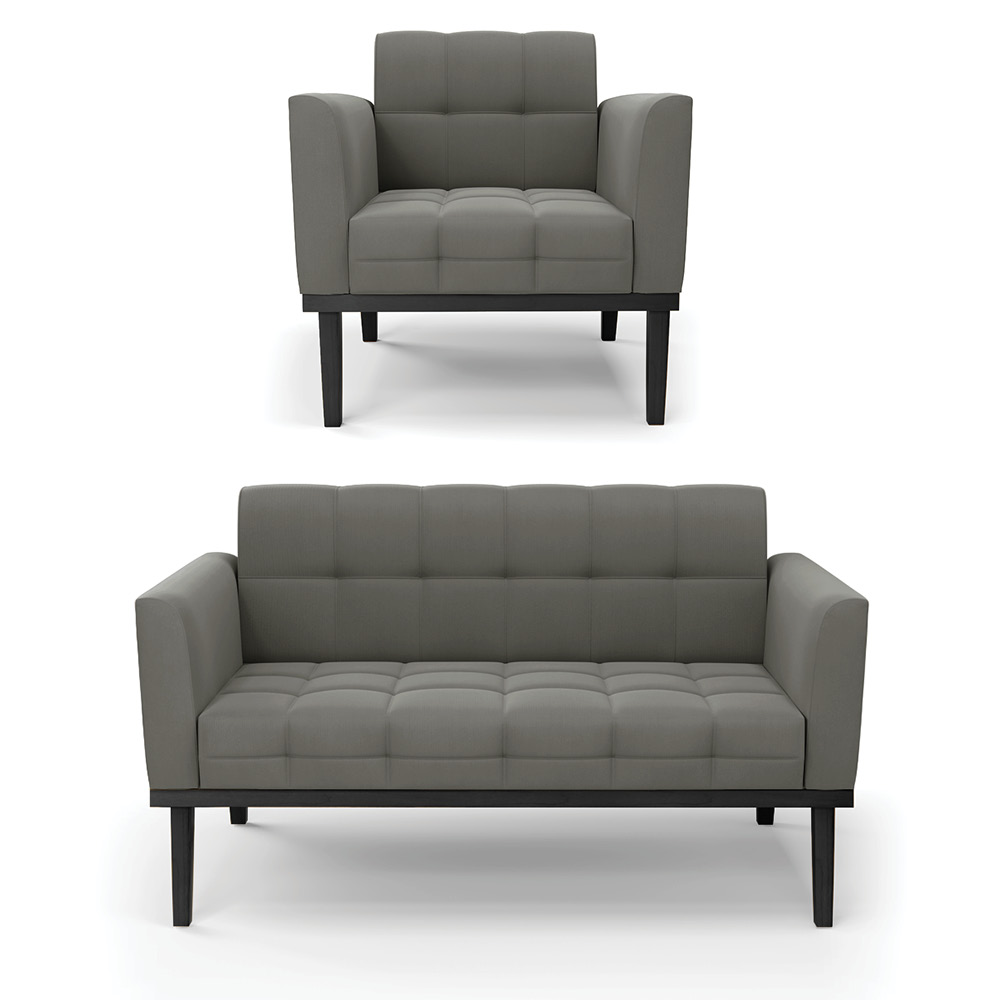 Conjunto Poltrona e Namoradeira Decorativa Karen Pés Fixo em Madeira Preto Suede Grafite G19 - Gran Belo
