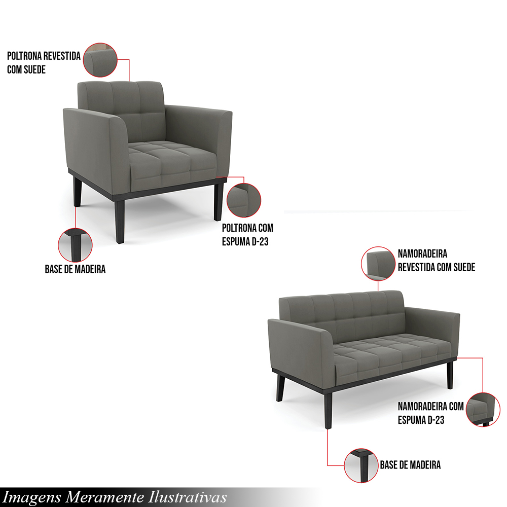 Conjunto Poltrona e Namoradeira Decorativa Karen Pés Fixo em Madeira Preto Suede Grafite G19 - Gran Belo