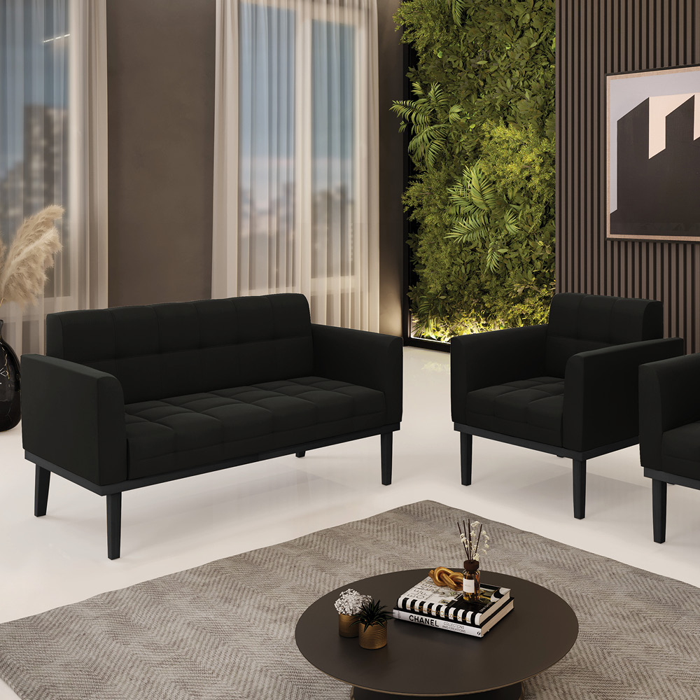 Conjunto Poltrona e Namoradeira Decorativa Karen Pés Fixo em Madeira Preto Suede Preto G19 - Gran Belo