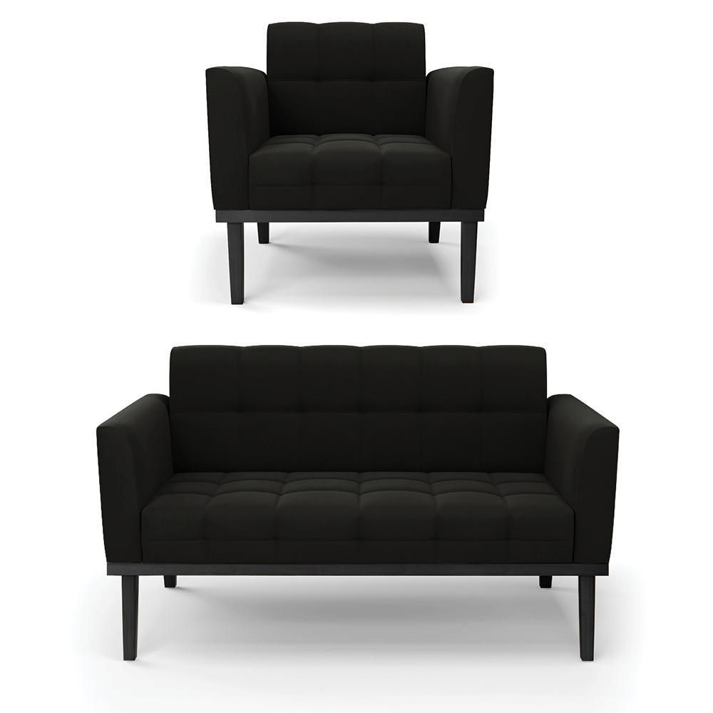 Conjunto Poltrona e Namoradeira Decorativa Karen Pés Fixo em Madeira Preto Suede Preto G19 - Gran Belo