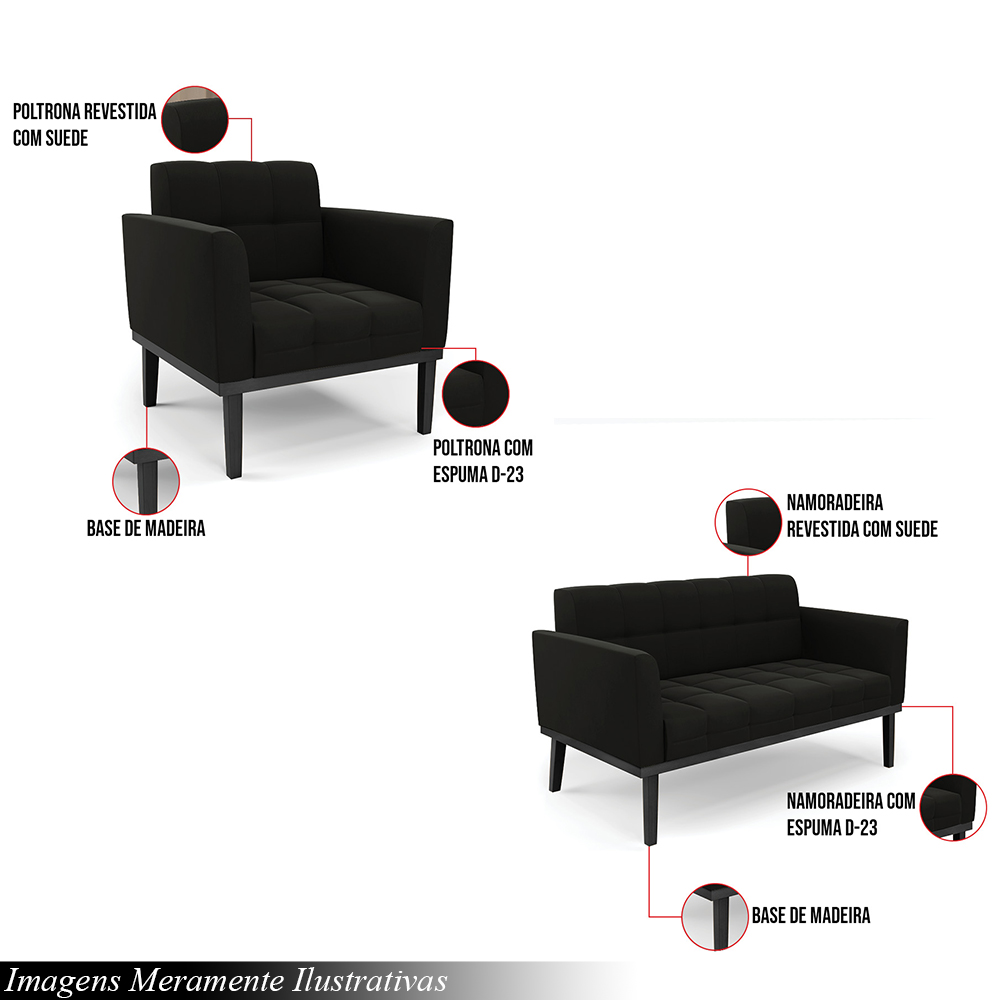 Conjunto Poltrona e Namoradeira Decorativa Karen Pés Fixo em Madeira Preto Suede Preto G19 - Gran Belo