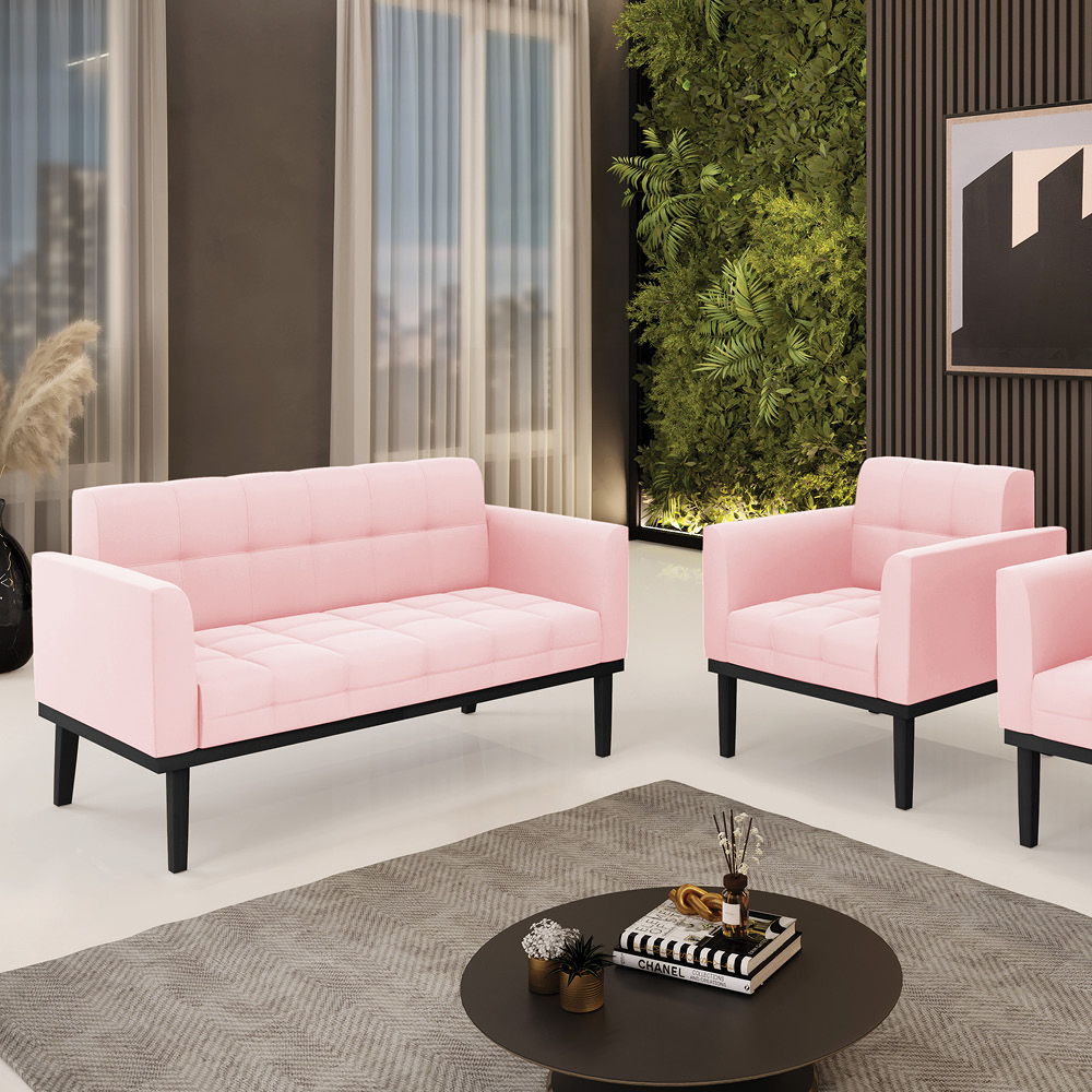 Conjunto Poltrona e Namoradeira Decorativa Karen Pés Fixo em Madeira Preto Suede Rosa Bebê G19 - Gran Belo