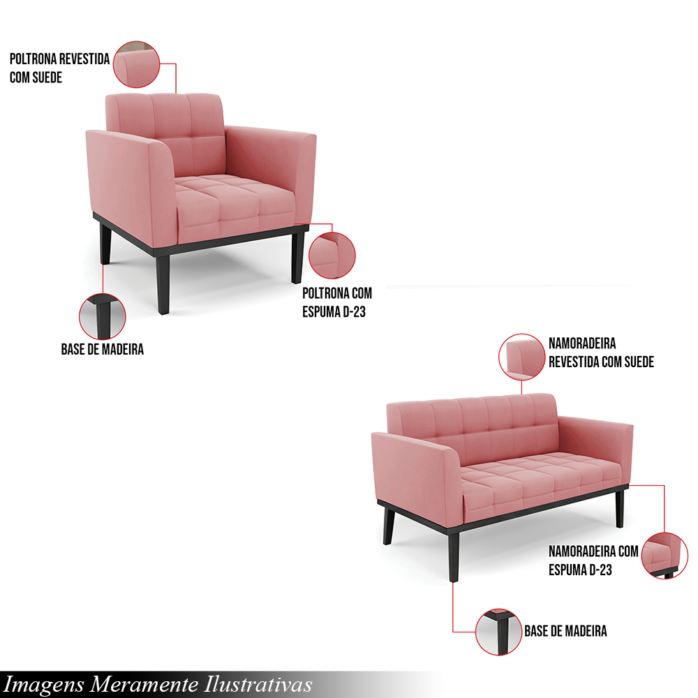 Conjunto Poltrona e Namoradeira Decorativa Karen Pés Fixo em Madeira Preto Suede Rose G19 - Gran Belo