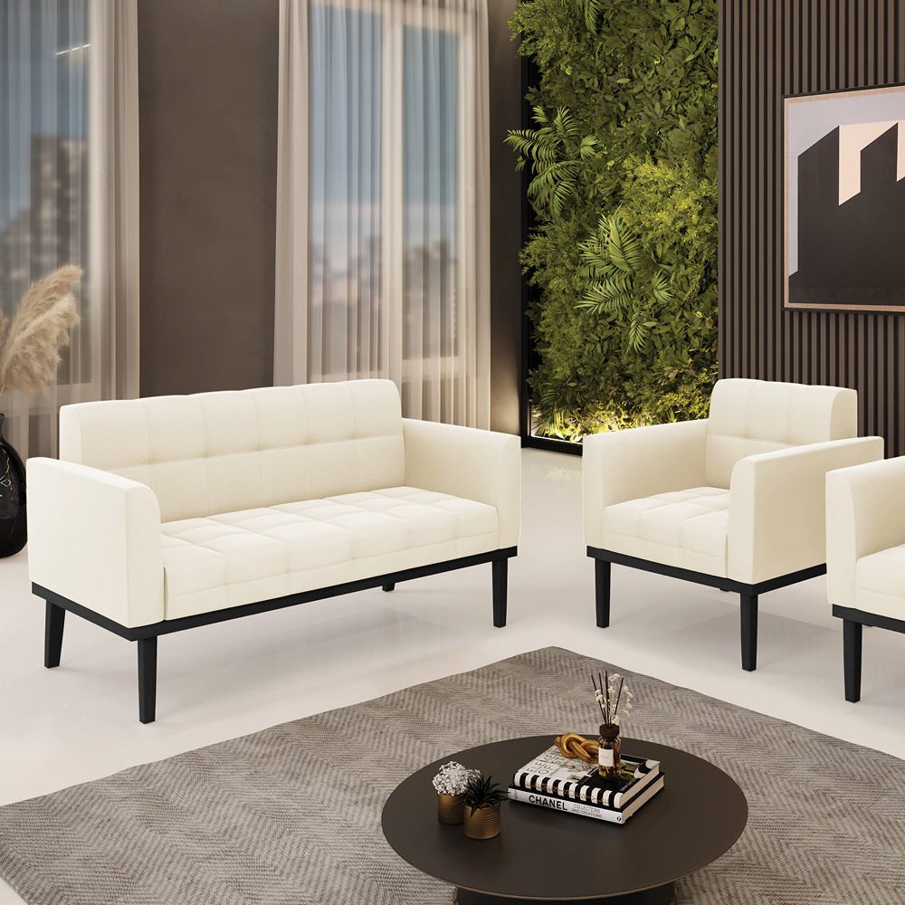 Conjunto Poltrona e Namoradeira Decorativa Karen Pés Fixo em Madeira Preto Veludo Bege G19 - Gran Belo