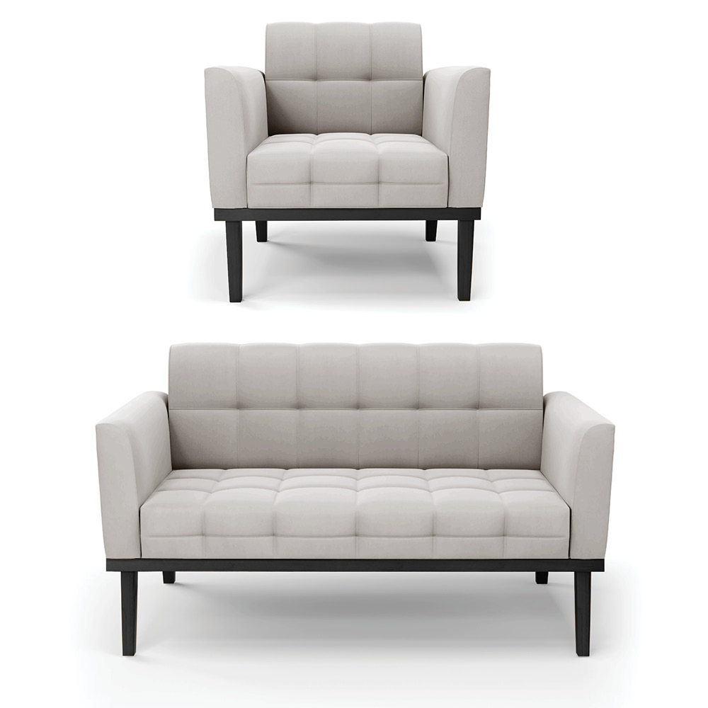 Conjunto Poltrona e Namoradeira Decorativa Karen Pés Fixo em Madeira Preto Veludo Cinza G19 - Gran Belo