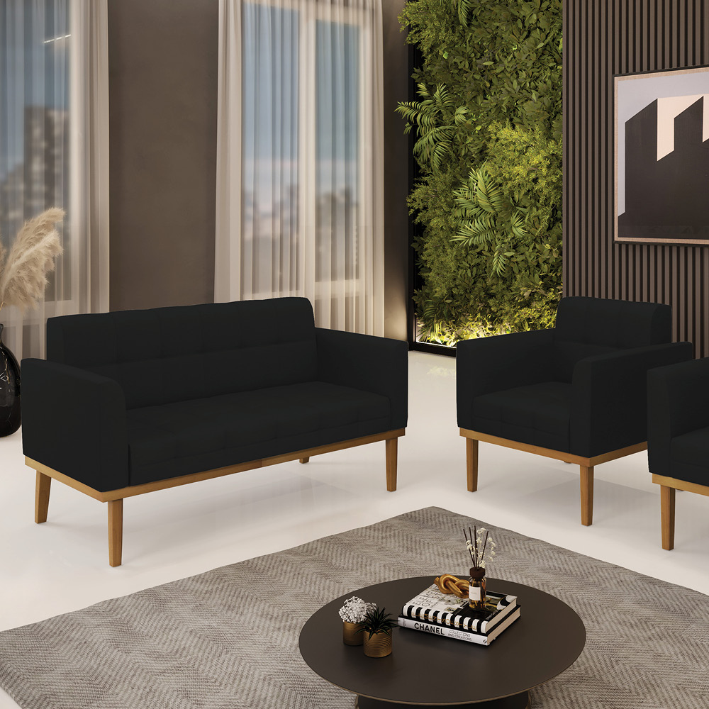 Conjunto Poltrona e Namoradeira Decorativas Karen Pés Fixo em Madeira Castanho Linho Preto G19 - Gran Belo