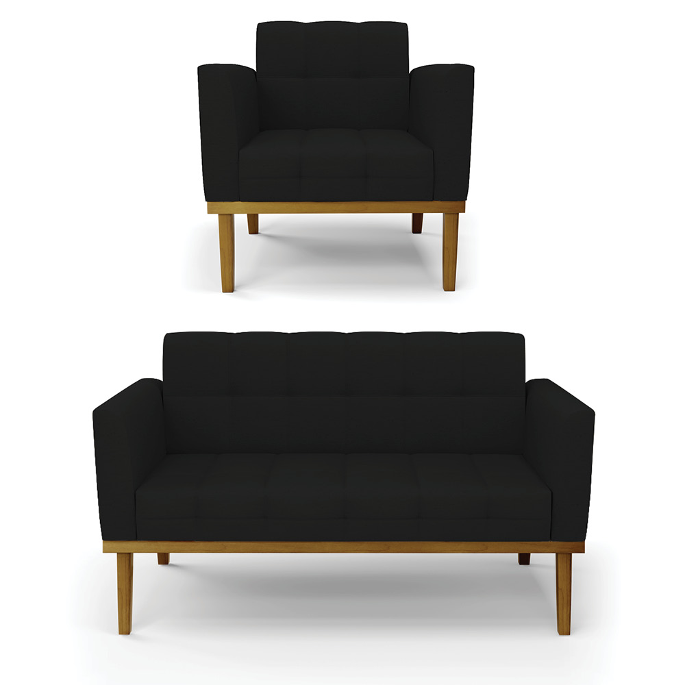 Conjunto Poltrona e Namoradeira Decorativas Karen Pés Fixo em Madeira Castanho Linho Preto G19 - Gran Belo