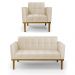 Conjunto Poltrona e Namoradeira Decorativas Karen Pés Fixo em Madeira Castanho PU Bege G19 - Gran Belo