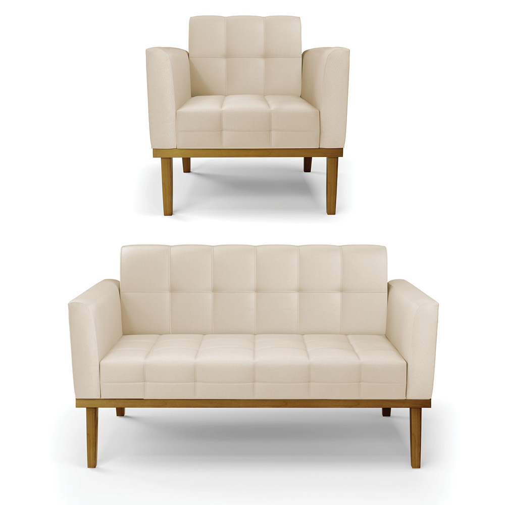 Conjunto Poltrona e Namoradeira Decorativas Karen Pés Fixo em Madeira Castanho PU Bege G19 - Gran Belo