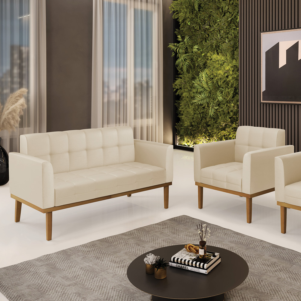 Conjunto Poltrona e Namoradeira Decorativas Karen Pés Fixo em Madeira Castanho PU Bege G19 - Gran Belo