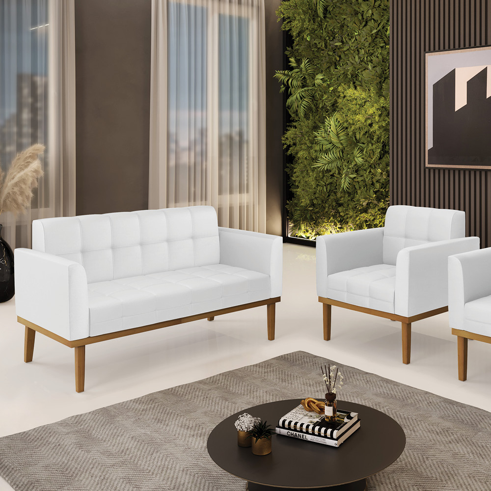 Conjunto Poltrona e Namoradeira Decorativas Karen Pés Fixo em Madeira Castanho PU Branco G19 - Gran Belo