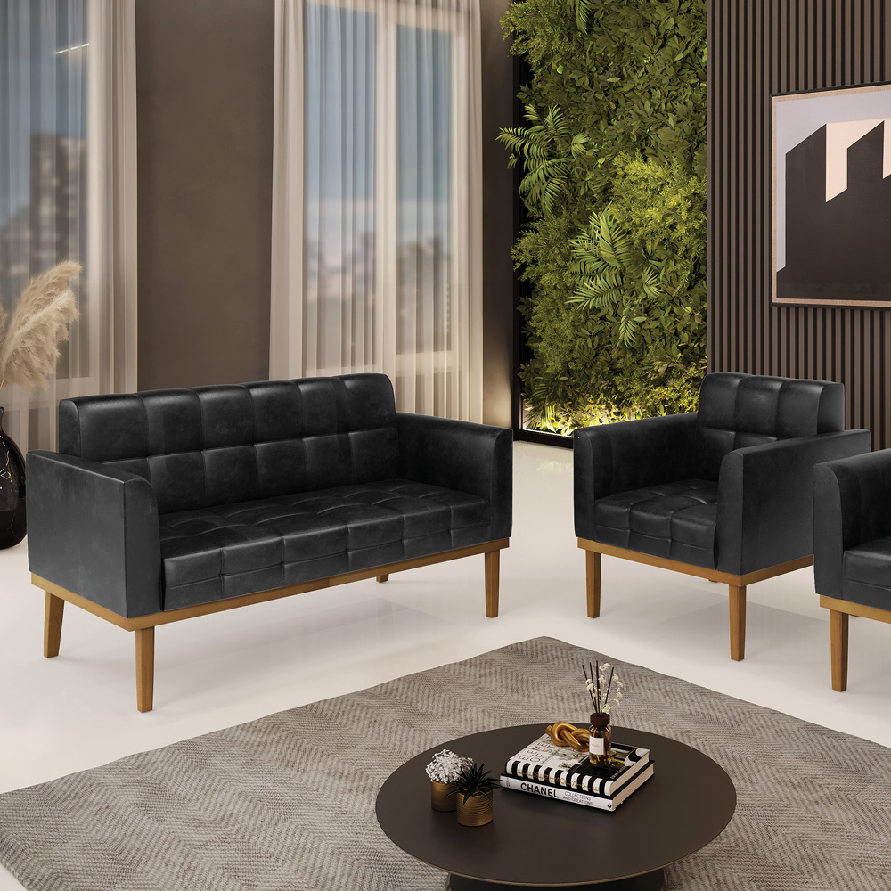 Conjunto Poltrona e Namoradeira Decorativas Karen Pés Fixo em Madeira Castanho PU Preto Brilho G19 - Gran Belo