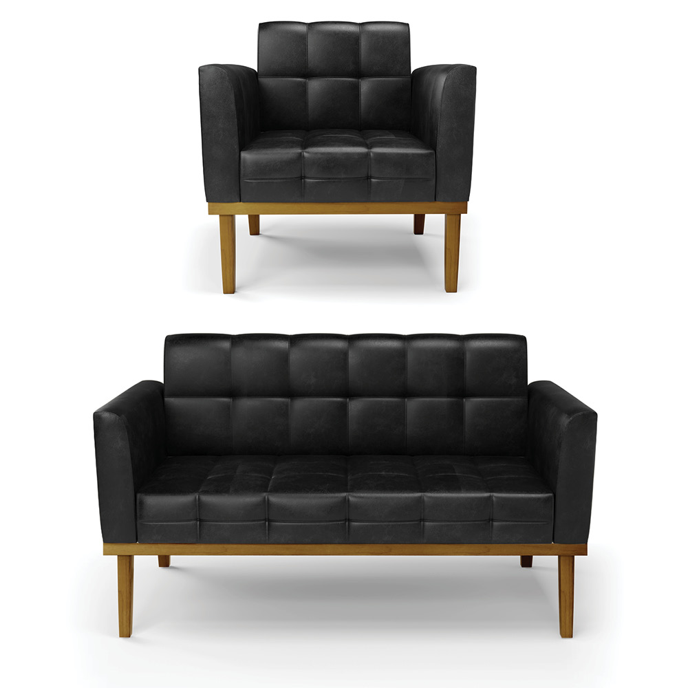 Conjunto Poltrona e Namoradeira Decorativas Karen Pés Fixo em Madeira Castanho PU Preto Brilho G19 - Gran Belo