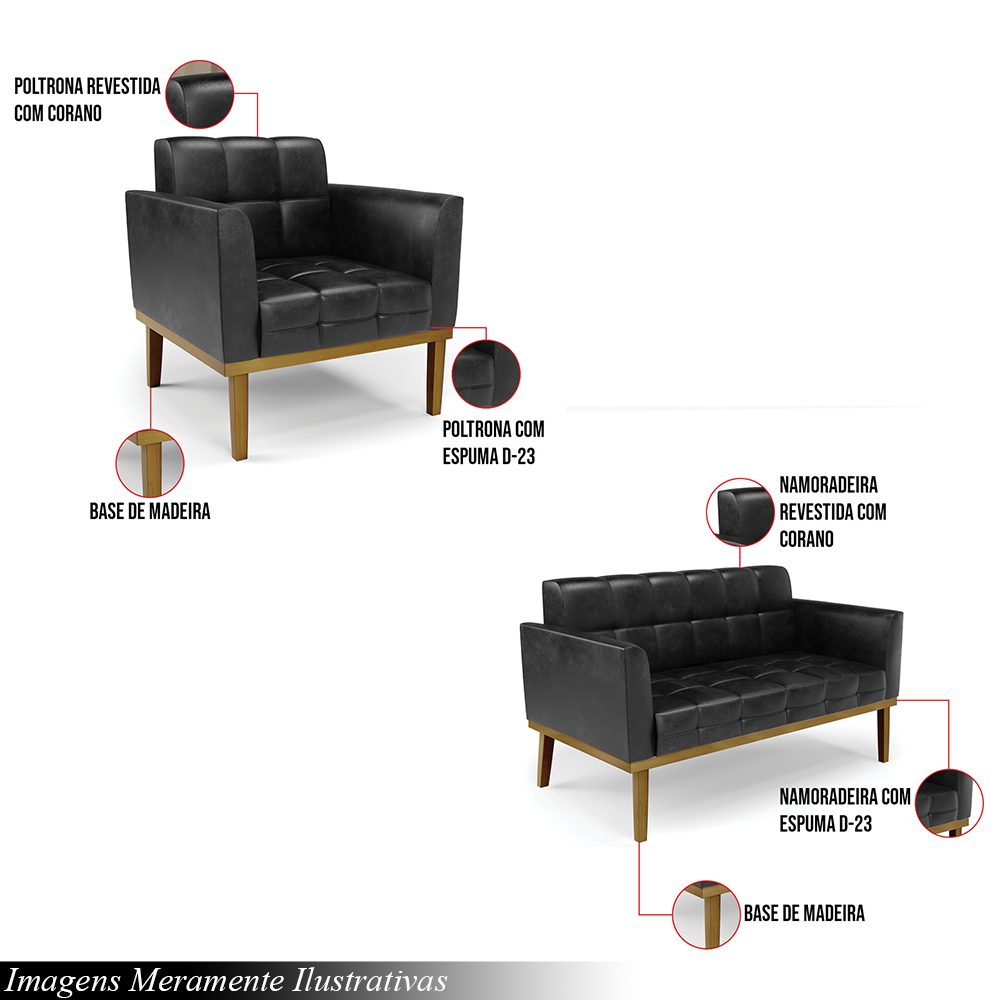 Conjunto Poltrona e Namoradeira Decorativas Karen Pés Fixo em Madeira Castanho PU Preto Brilho G19 - Gran Belo