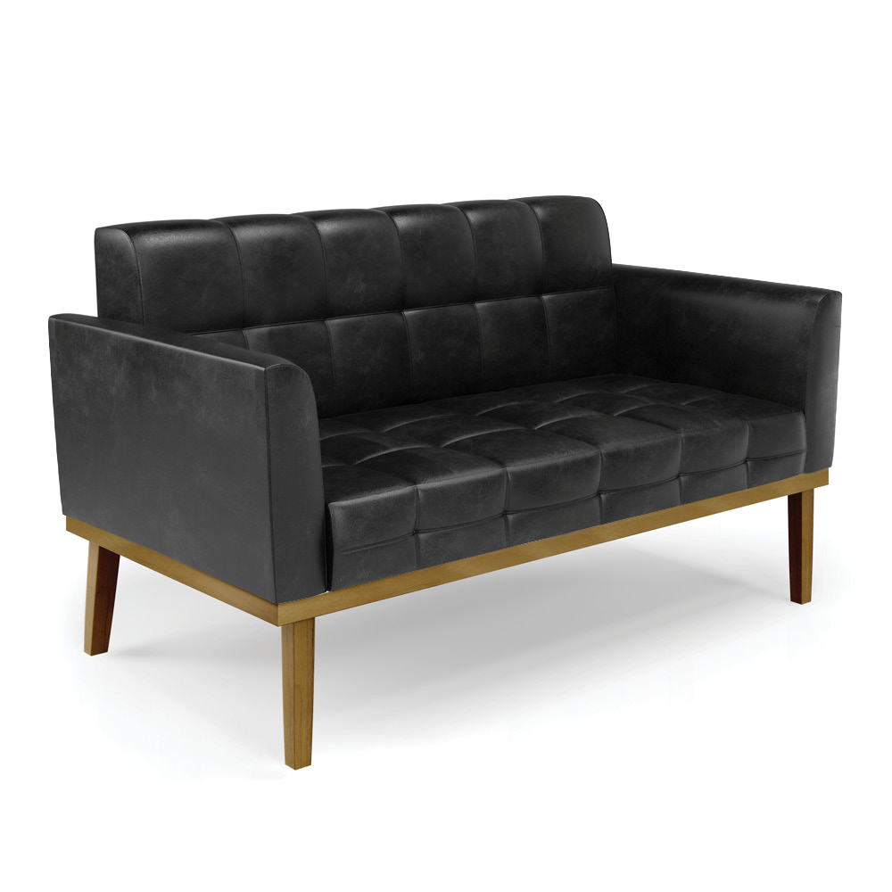 Conjunto Poltrona e Namoradeira Decorativas Karen Pés Fixo em Madeira Castanho PU Preto Brilho G19 - Gran Belo