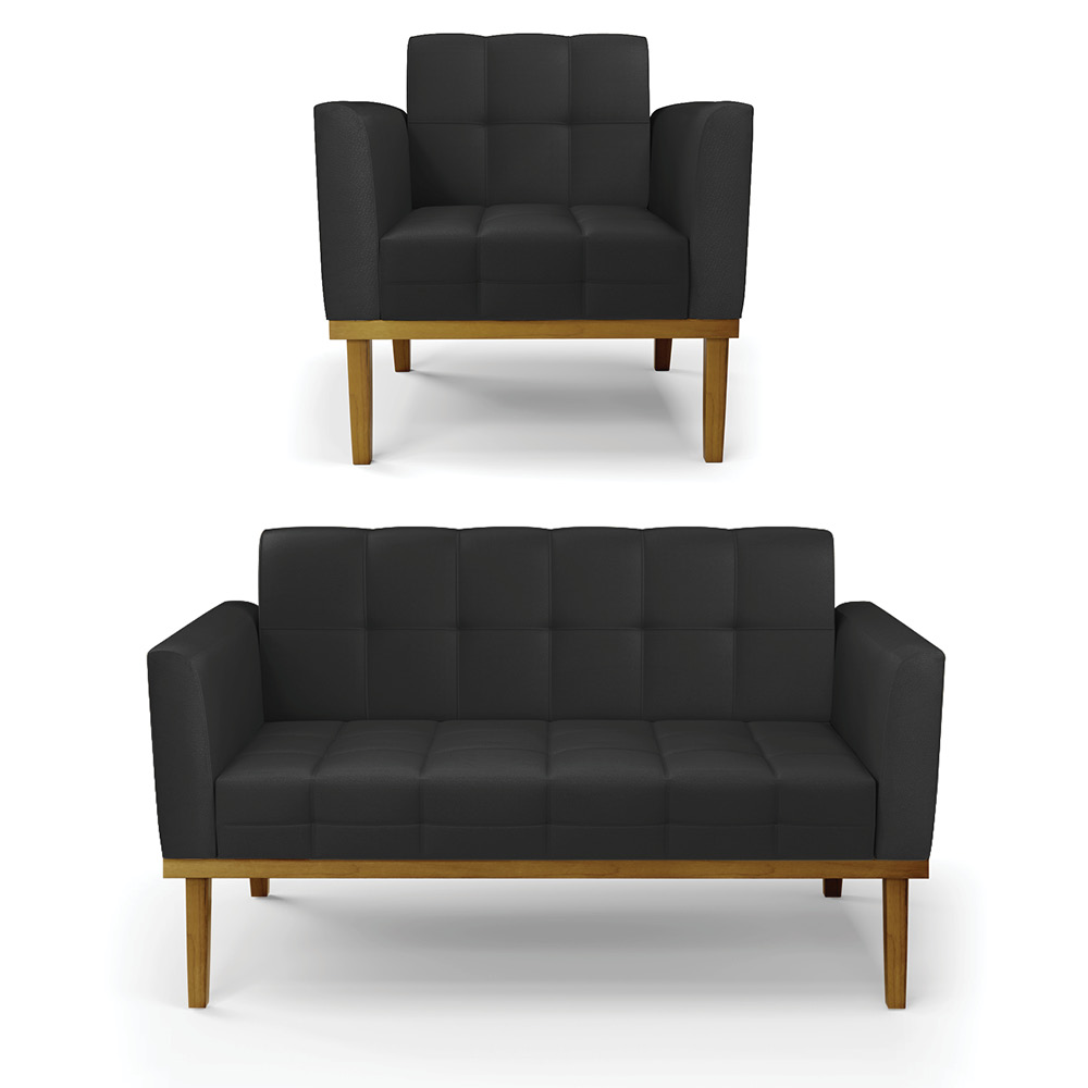 Conjunto Poltrona e Namoradeira Decorativas Karen Pés Fixo em Madeira Castanho PU Preto G19 - Gran Belo