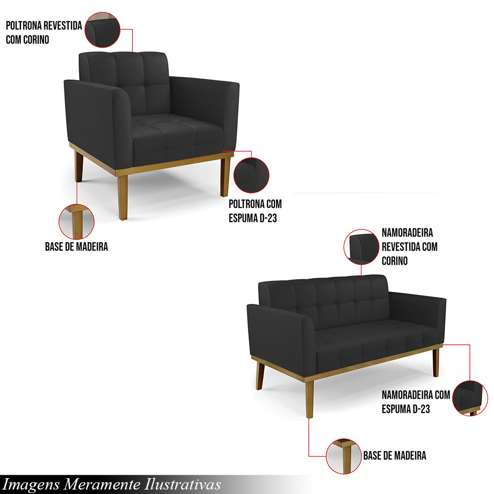 Conjunto Poltrona e Namoradeira Decorativas Karen Pés Fixo em Madeira Castanho PU Preto G19 - Gran Belo