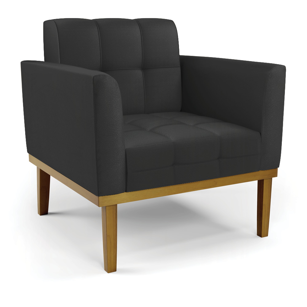 Conjunto Poltrona e Namoradeira Decorativas Karen Pés Fixo em Madeira Castanho PU Preto G19 - Gran Belo