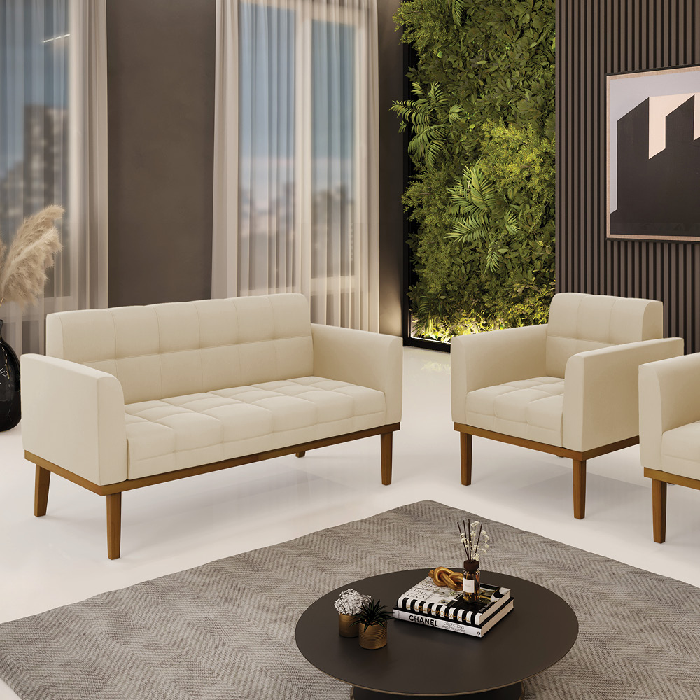 Conjunto Poltrona e Namoradeira Decorativas Karen Pés Fixo em Madeira Castanho Suede Bege G19 - Gran Belo