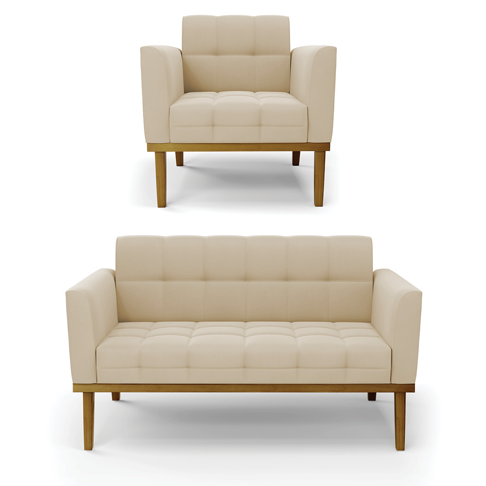 Conjunto Poltrona e Namoradeira Decorativas Karen Pés Fixo em Madeira Castanho Suede Bege G19 - Gran Belo