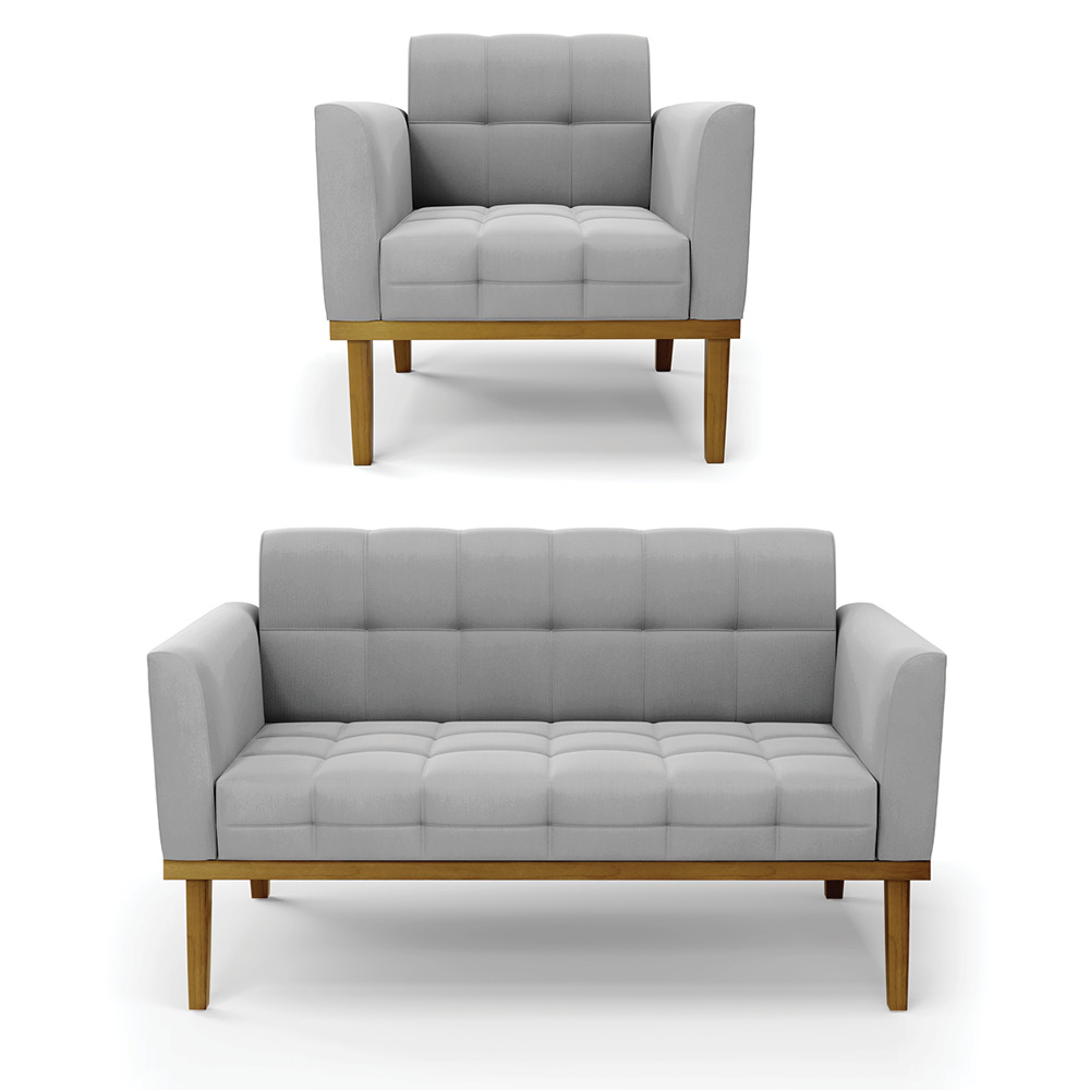 Conjunto Poltrona e Namoradeira Decorativas Karen Pés Fixo em Madeira Castanho Suede Cinza G19 - Gran Belo