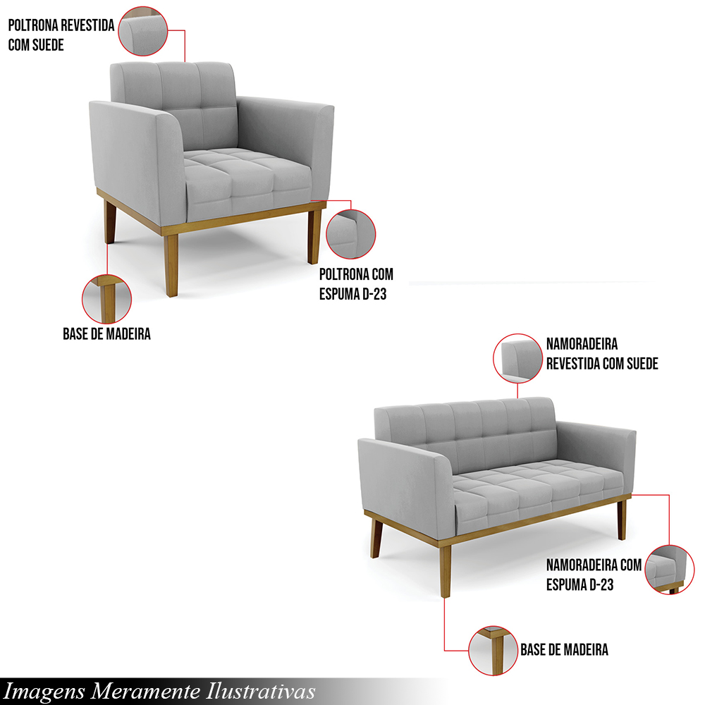 Conjunto Poltrona e Namoradeira Decorativas Karen Pés Fixo em Madeira Castanho Suede Cinza G19 - Gran Belo
