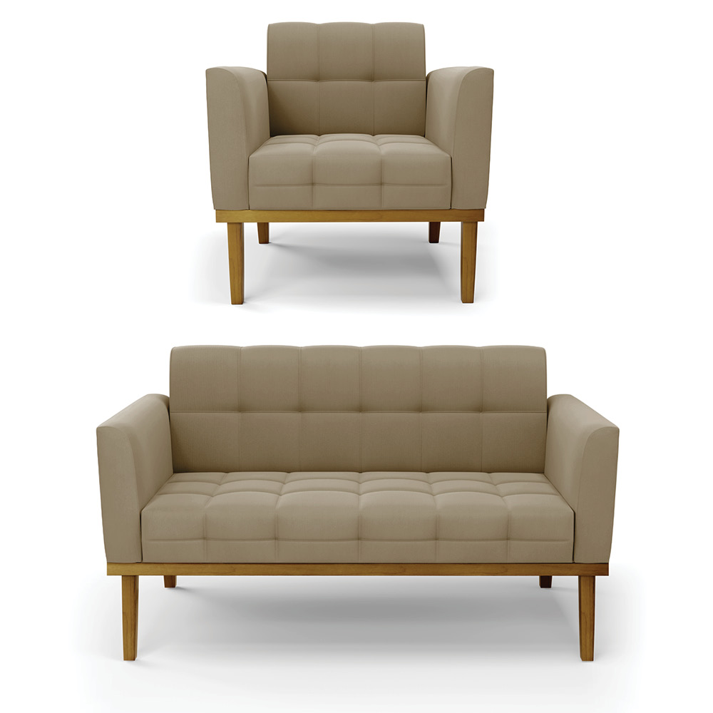 Conjunto Poltrona e Namoradeira Decorativas Karen Pés Fixo em Madeira Castanho Suede Nude G19 - Gran Belo