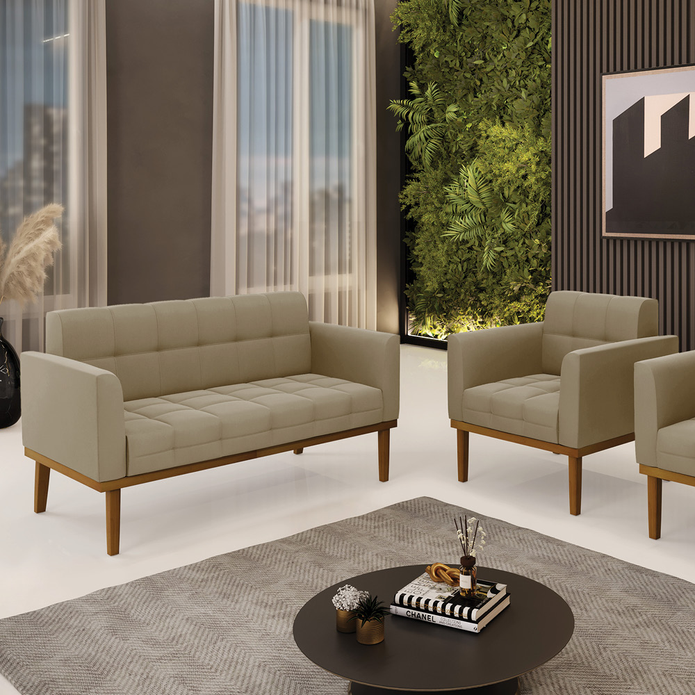 Conjunto Poltrona e Namoradeira Decorativas Karen Pés Fixo em Madeira Castanho Suede Nude G19 - Gran Belo