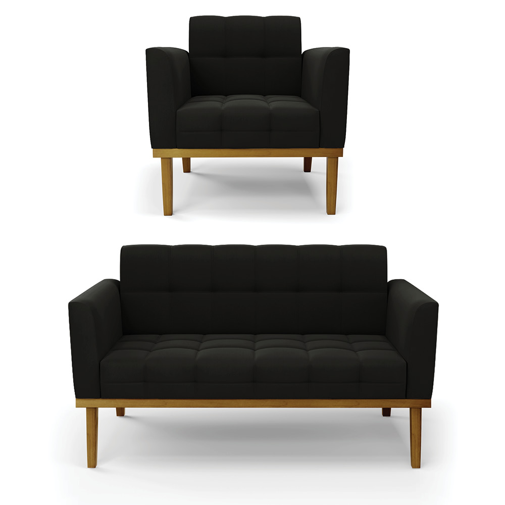 Conjunto Poltrona e Namoradeira Decorativas Karen Pés Fixo em Madeira Castanho Suede Preto G19 - Gran Belo