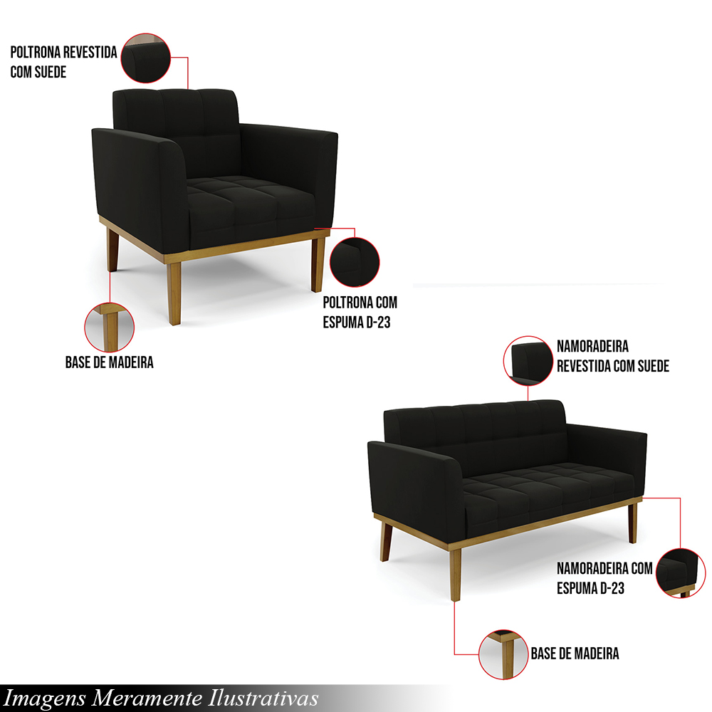 Conjunto Poltrona e Namoradeira Decorativas Karen Pés Fixo em Madeira Castanho Suede Preto G19 - Gran Belo