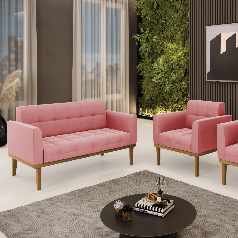Conjunto Poltrona e Namoradeira Decorativas Karen Pés Fixo em Madeira Castanho Suede Rose G19 - Gran Belo