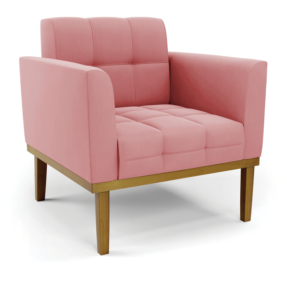Conjunto Poltrona e Namoradeira Decorativas Karen Pés Fixo em Madeira Castanho Suede Rose G19 - Gran Belo
