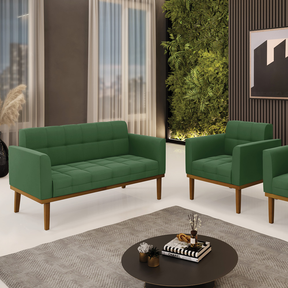 Conjunto Poltrona e Namoradeira Decorativas Karen Pés Fixo em Madeira Castanho Suede Verde G19 - Gran Belo