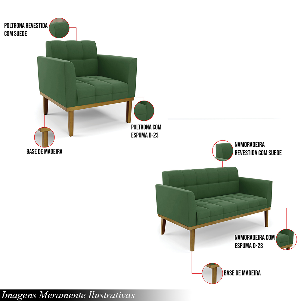 Conjunto Poltrona e Namoradeira Decorativas Karen Pés Fixo em Madeira Castanho Suede Verde G19 - Gran Belo