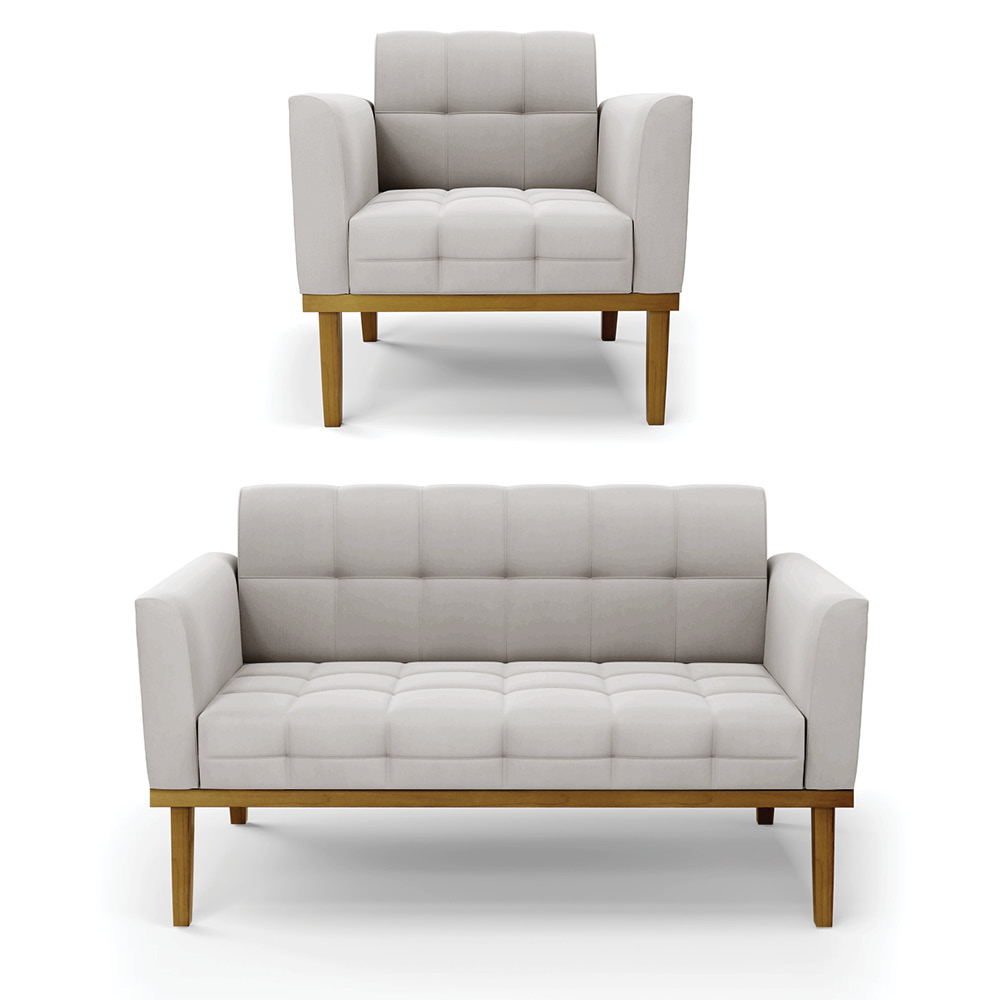 Conjunto Poltrona e Namoradeira Decorativas Karen Pés Fixo em Madeira Castanho Veludo Cinza G19 - Gran Belo
