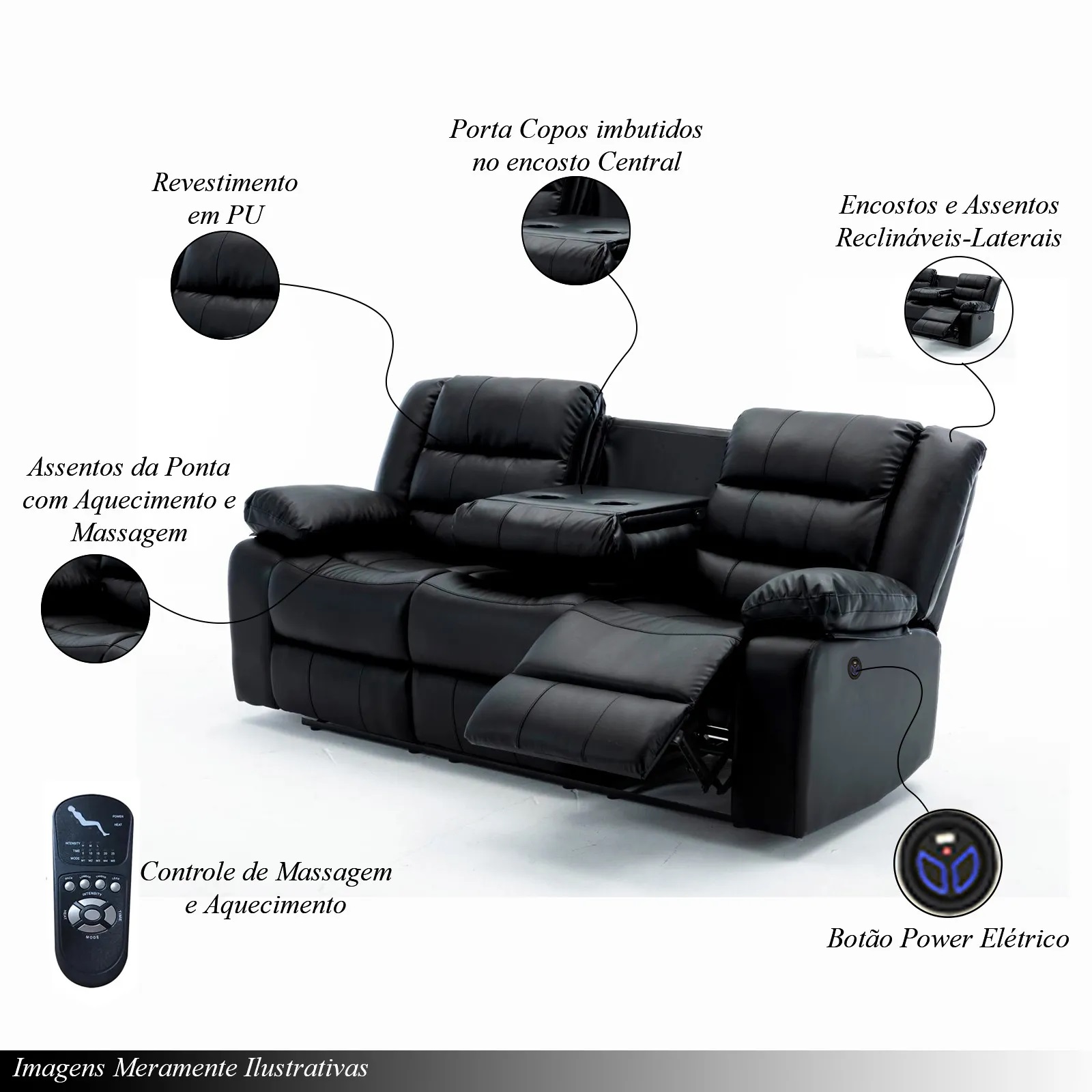 Conjunto Poltronas Sala de Cinema 2 e 3 Lugares Hollywood com Massagem/Aquecimento Elétrica PU Preto G31 - Gran Belo